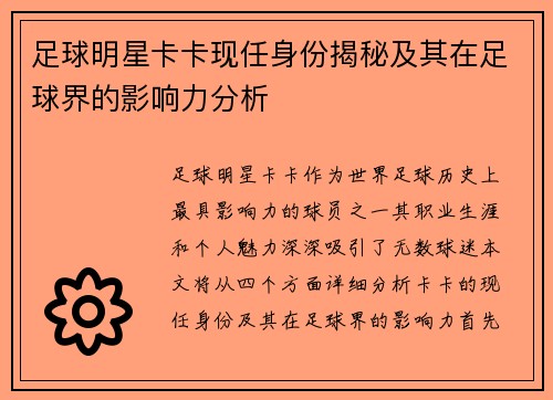 足球明星卡卡现任身份揭秘及其在足球界的影响力分析