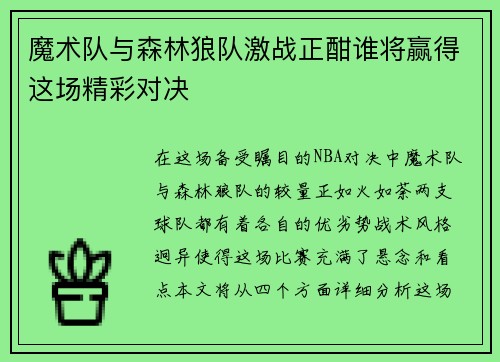 魔术队与森林狼队激战正酣谁将赢得这场精彩对决